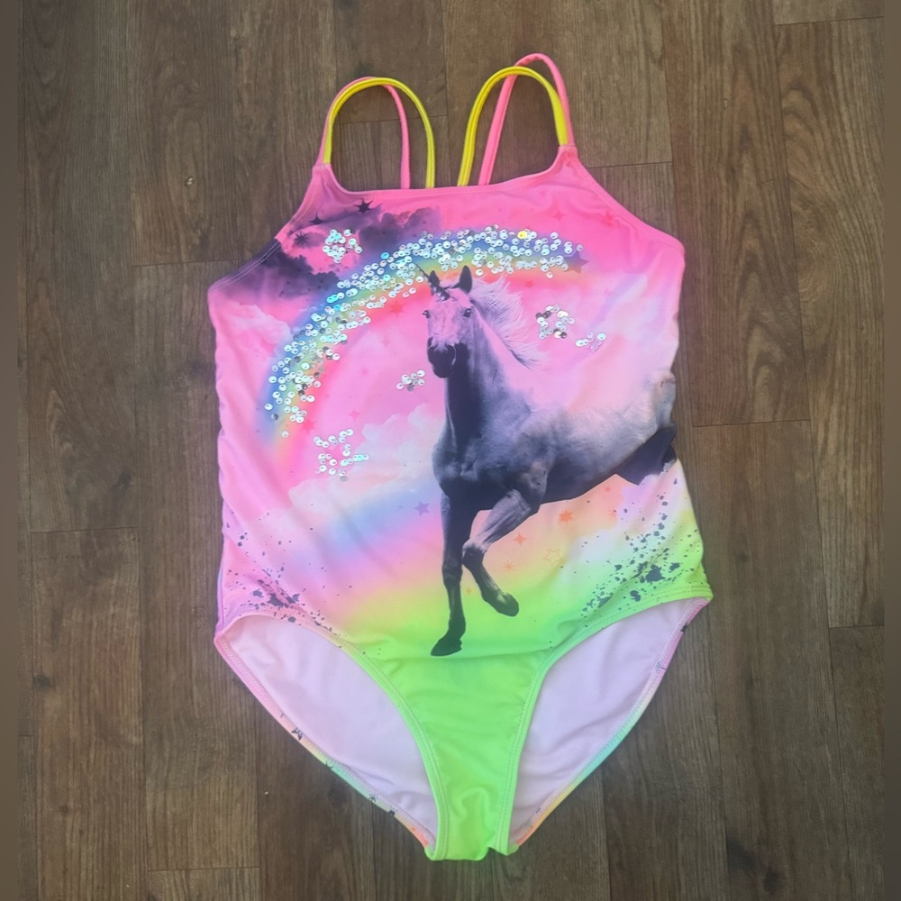 Wonder Nation Girls Kids Bathing Suit Swimsuit Unicorn Rainbow Size L 10/12 PLUS